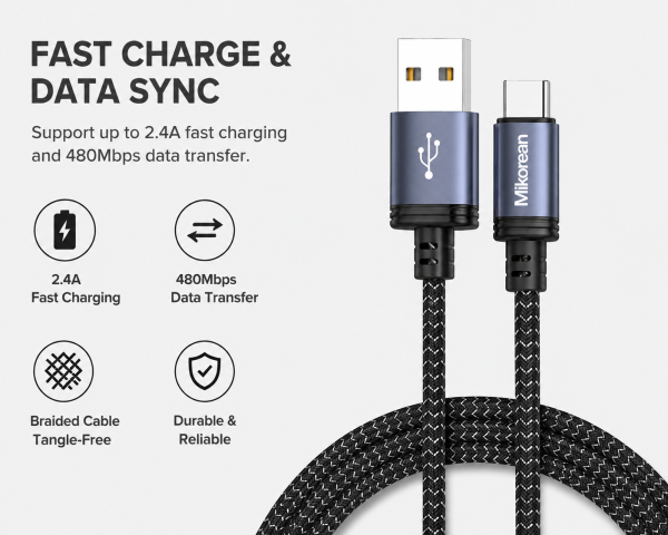 Mikorean 2.4A USB-A to USB-C Braided Charging Cable