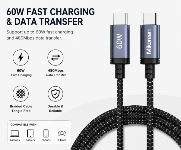 Mikorean 60W USB-C to USB-C Braided Fast Charging Cable